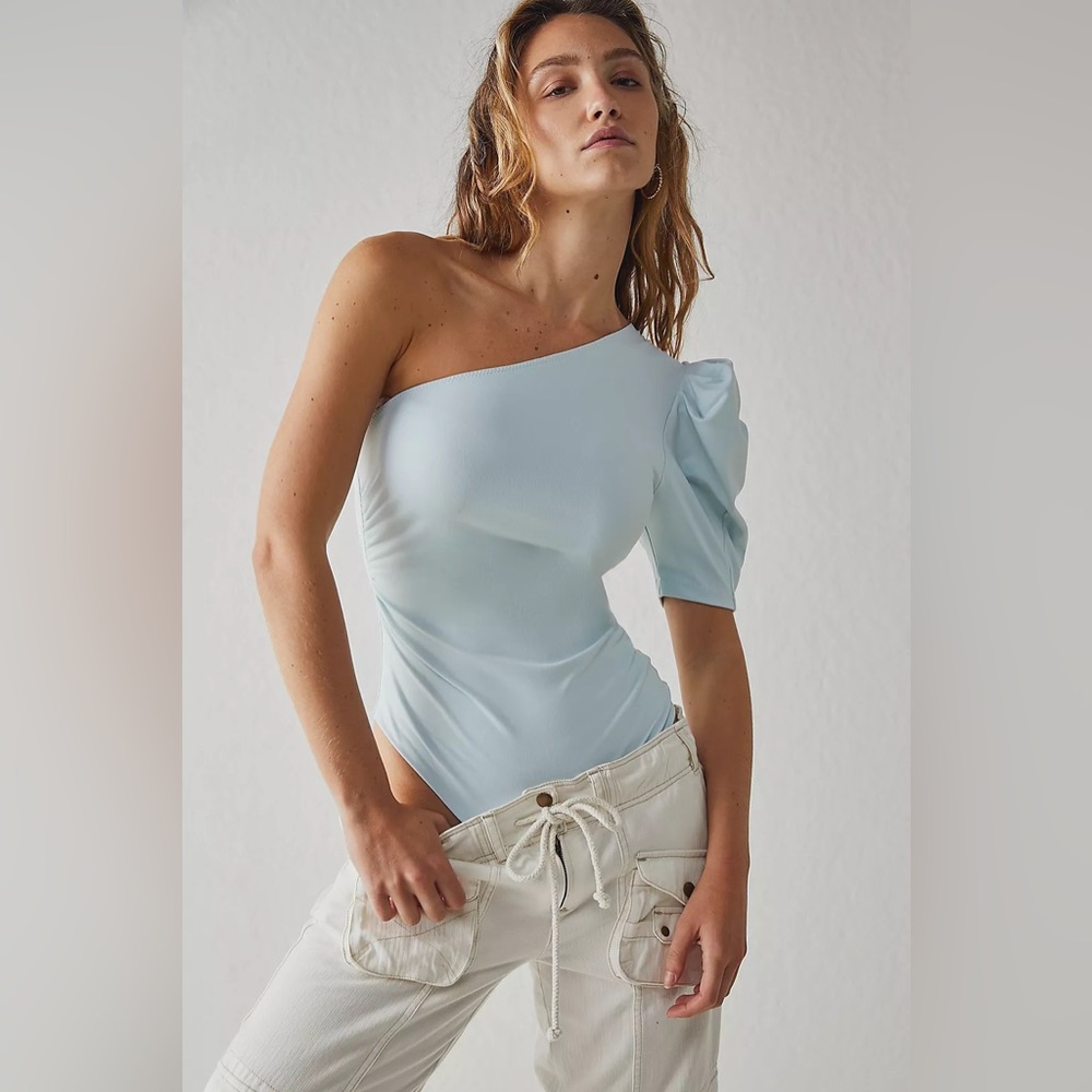 Free People Light Ice Baby Blue One-Shoulder Bodysuit NWT